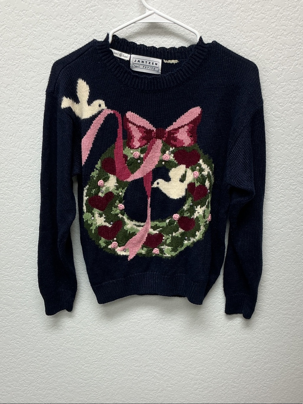 Jantzen Navy Knit Sweater with Pink Ribbon Wreath
